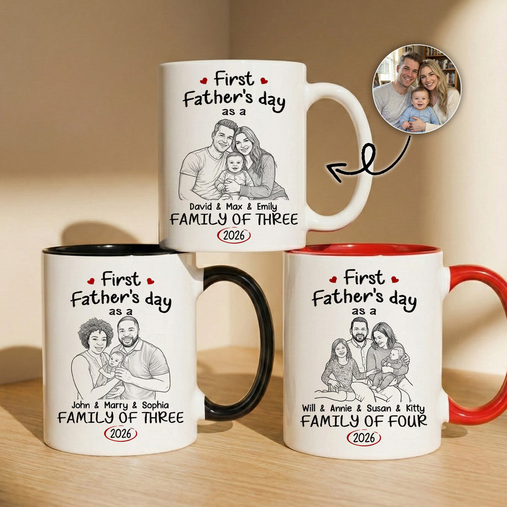 First Father's Day Gift Custom Photo Sketch Line Art - Personalized Mug
