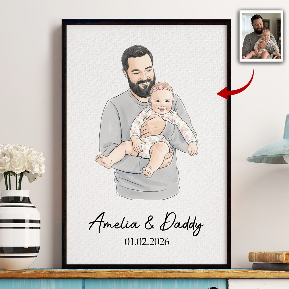 First Father's Day Gift For Dad, Husband Custom Photo Watercolor Art - Personalized Poster