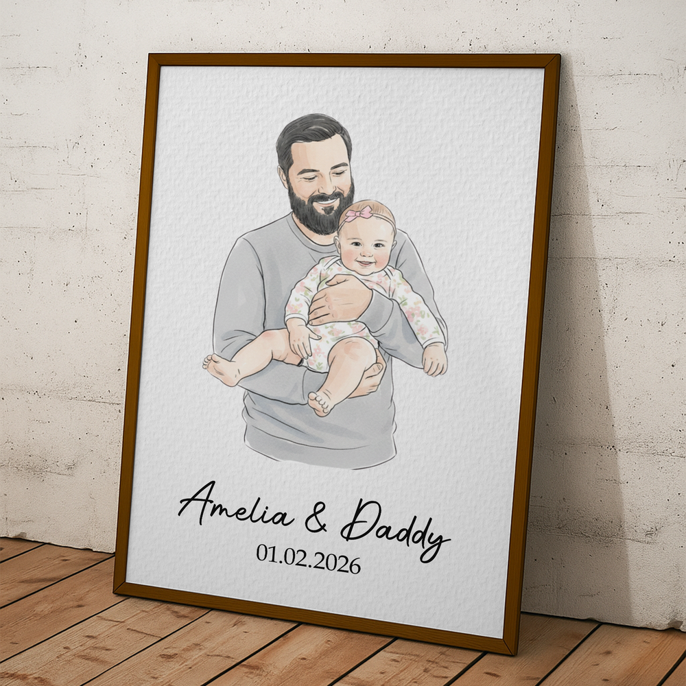 First Father's Day Gift For Dad, Husband Custom Photo Watercolor Art - Personalized Poster