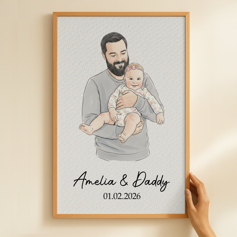 First Father's Day Gift For Dad, Husband Custom Photo Watercolor Art - Personalized Poster