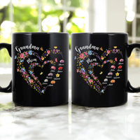 First Mom Now Grandma Heart Flower With Kids' Names & Birth Flower Black Ver - Personalized Mug