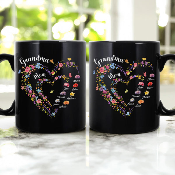 First Mom Now Grandma Heart Flower With Kids' Names & Birth Flower Black Ver - Personalized Mug