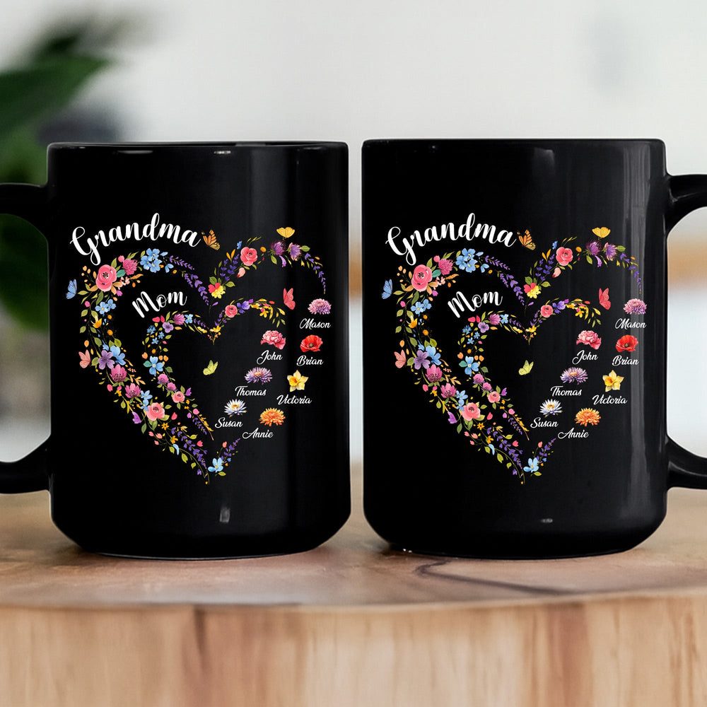 First Mom Now Grandma Heart Flower With Kids' Names & Birth Flower Black Ver - Personalized Mug