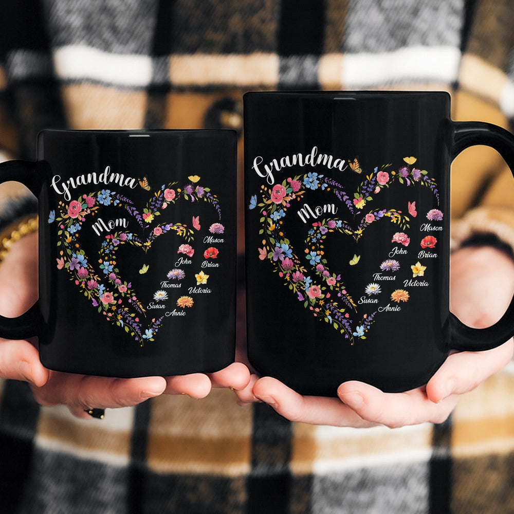First Mom Now Grandma Heart Flower With Kids' Names & Birth Flower Black Ver - Personalized Mug