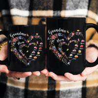 First Mom Now Grandma Heart Flower With Kids' Names & Birth Flower Black Ver - Personalized Mug