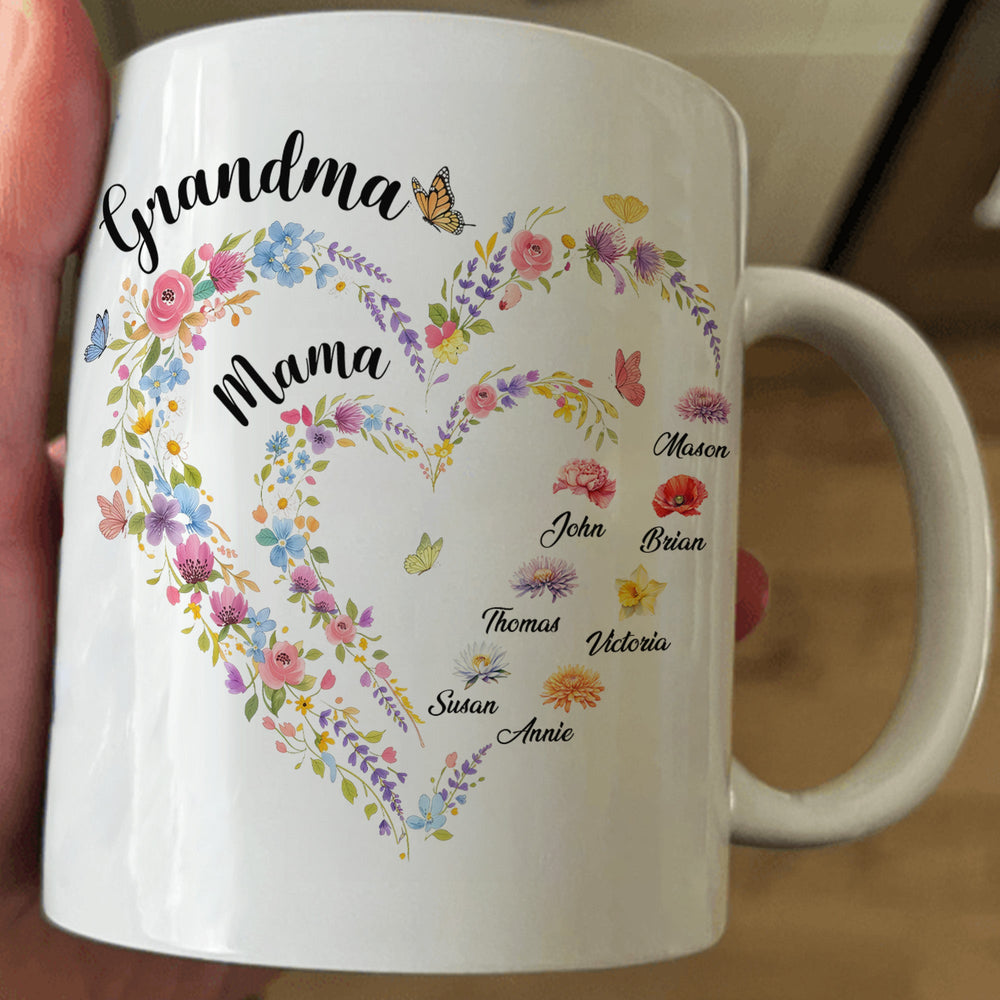 Mother's Day Gifts, First Mom Now Grandma Heart Flower With Kids' Names & Birth Flower - Personalized Mug