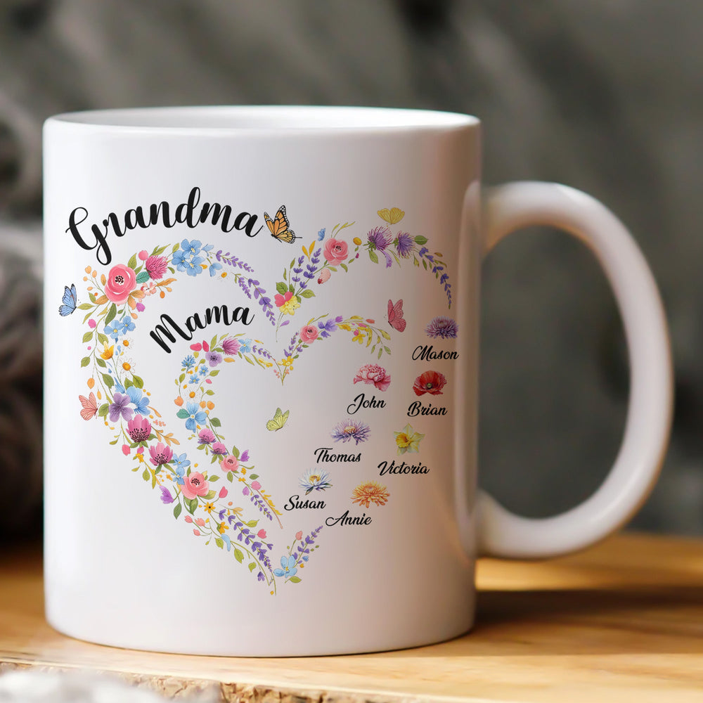 Mother's Day Gifts, First Mom Now Grandma Heart Flower With Kids' Names & Birth Flower - Personalized Mug