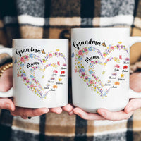 Mother's Day Gifts, First Mom Now Grandma Heart Flower With Kids' Names & Birth Flower - Personalized Mug