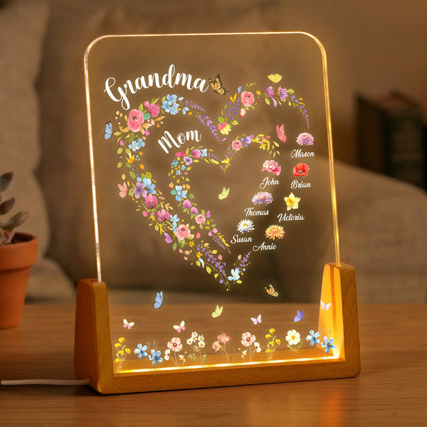 First Mom Now Grandma Heart Flower With Kids' Names & Birth Flower Personalized Night Light