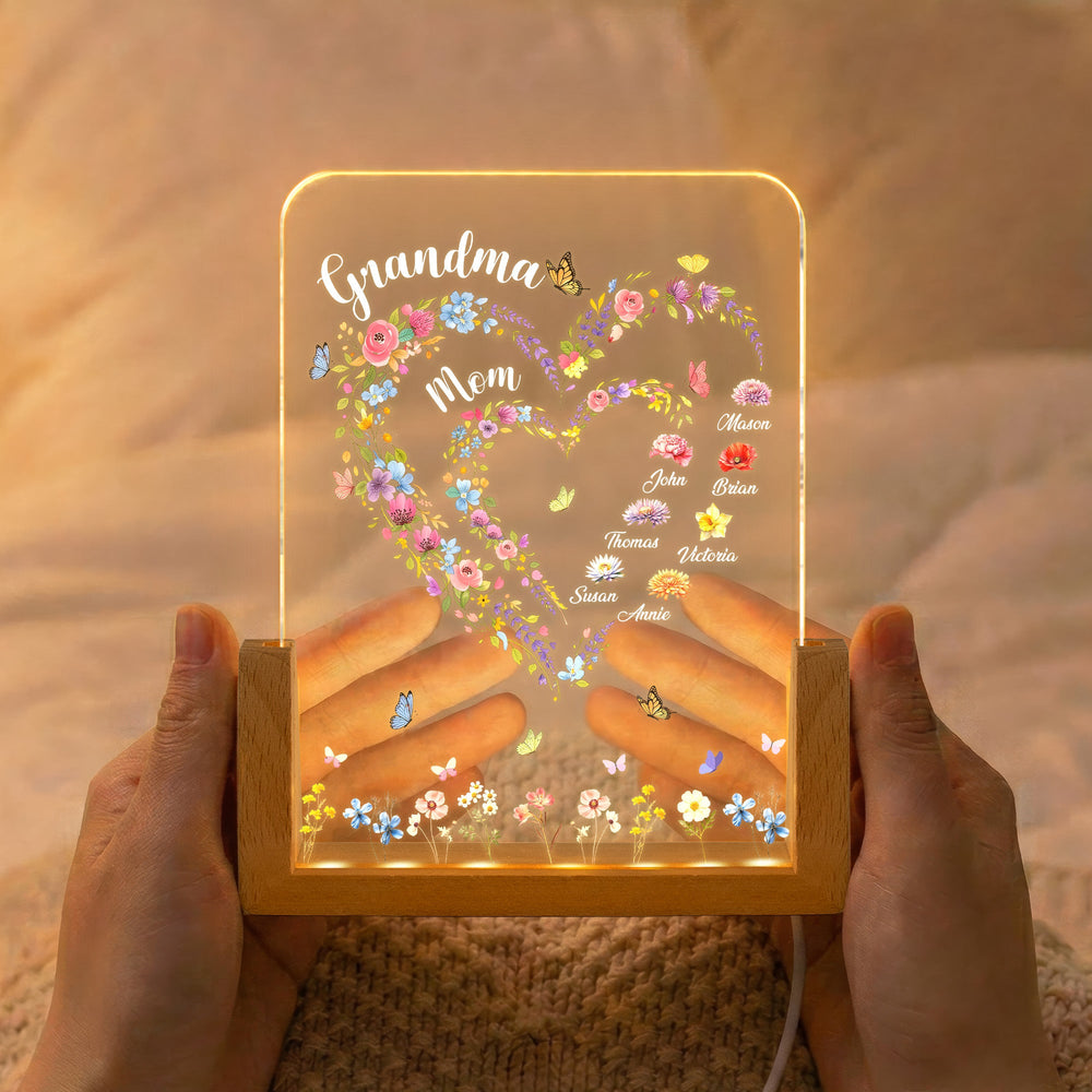 First Mom Now Grandma Heart Flower With Kids' Names & Birth Flower Personalized Night Light