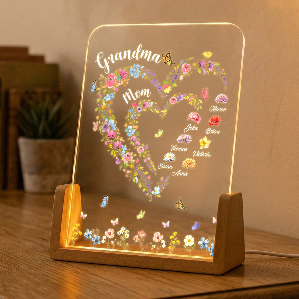 First Mom Now Grandma Heart Flower With Kids' Names & Birth Flower Personalized Night Light