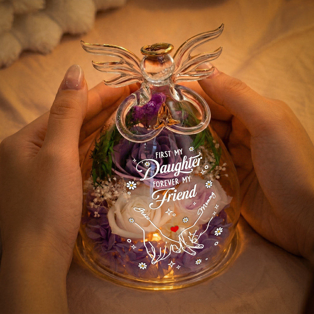 First My Daughter, Forever My Friend - Personalized Flower In Glass Angel Figurines