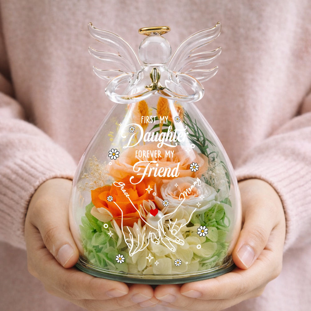 First My Daughter, Forever My Friend - Personalized Flower In Glass Angel Figurines