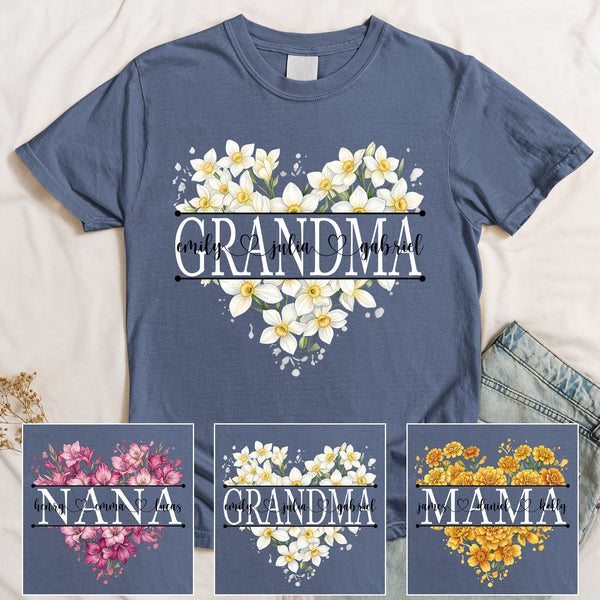 Floral Heart Custom Birth Flower Mimi Shirt Mother's Day Gift For Her - Personalized Shirt