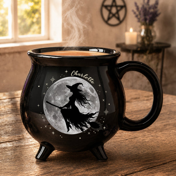 Personalized Witch Cauldron Mug - Flying Broom Halloween Coffee Mug Gift