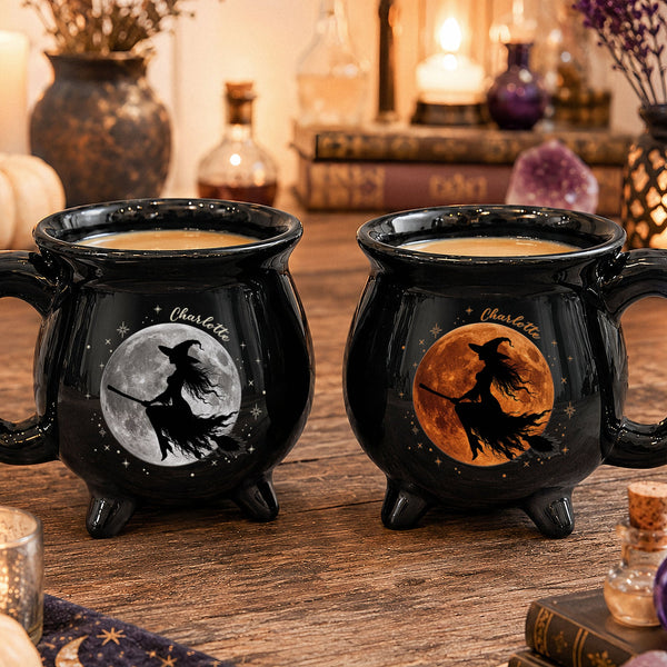 Personalized Witch Cauldron Mug - Flying Broom Halloween Coffee Mug Gift