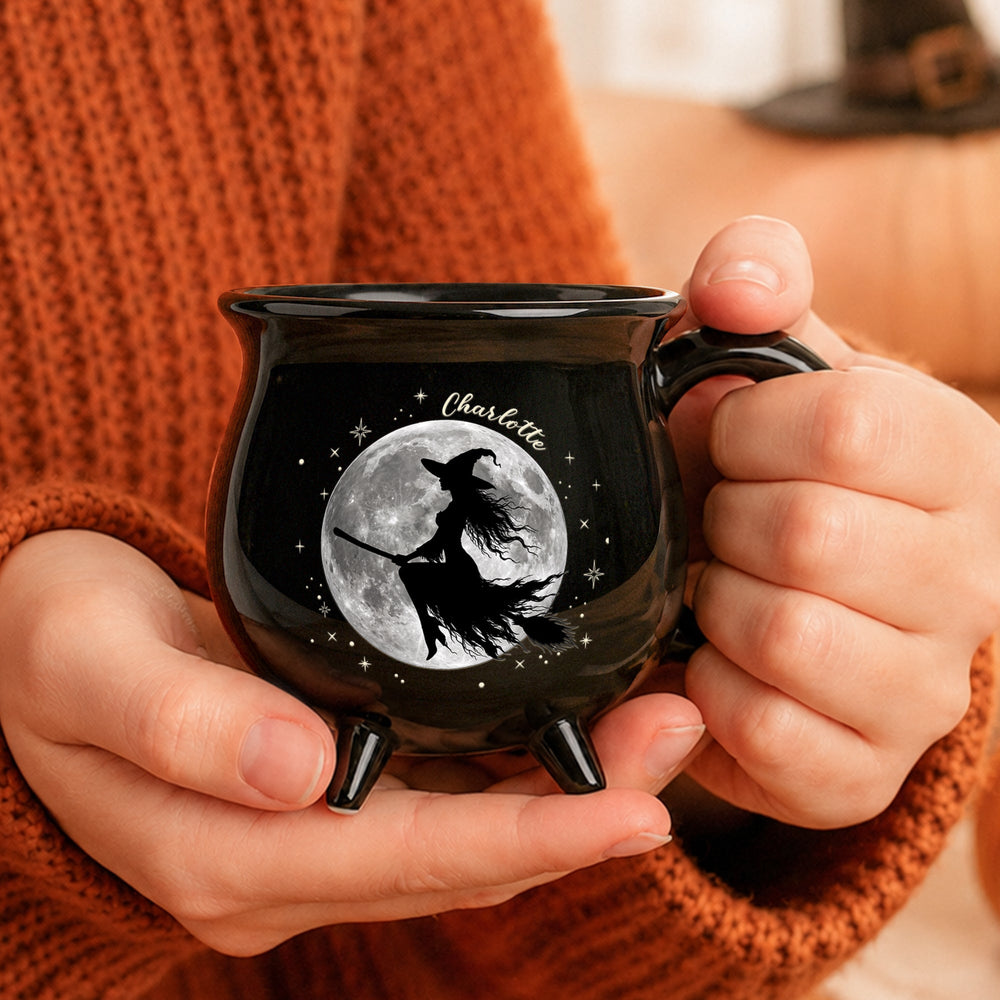 Personalized Witch Cauldron Mug - Flying Broom Halloween Coffee Mug Gift
