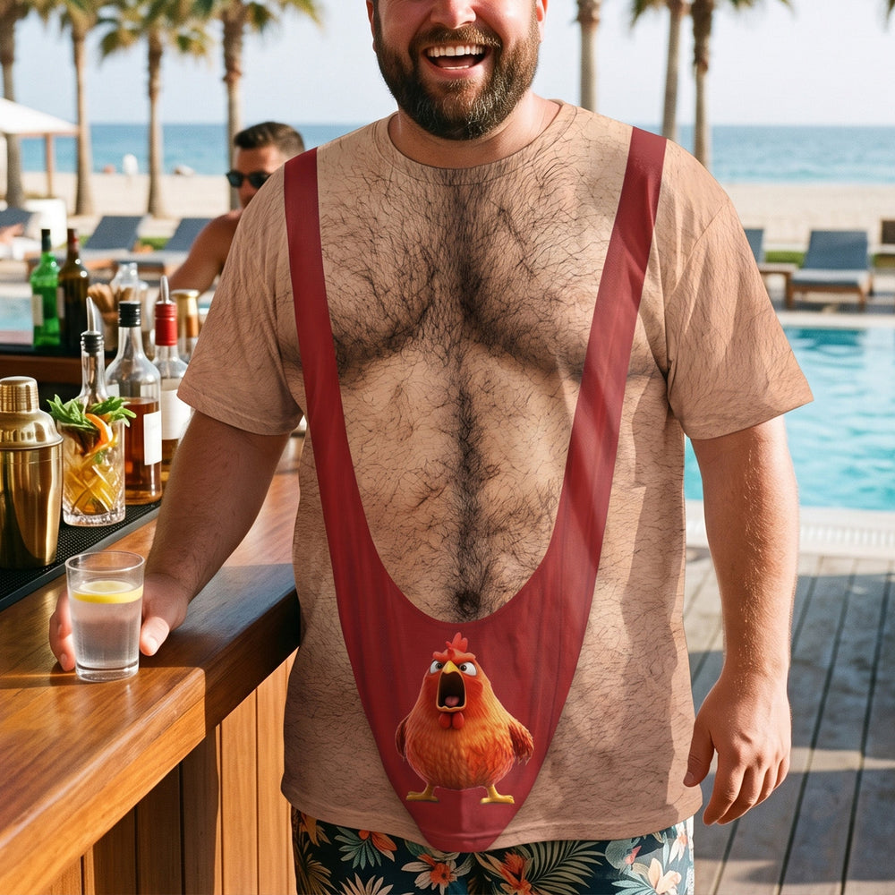 Funny 3D Hairy Chest & Chicken T-Shirt - Novelty Beach & Party Gag Gift