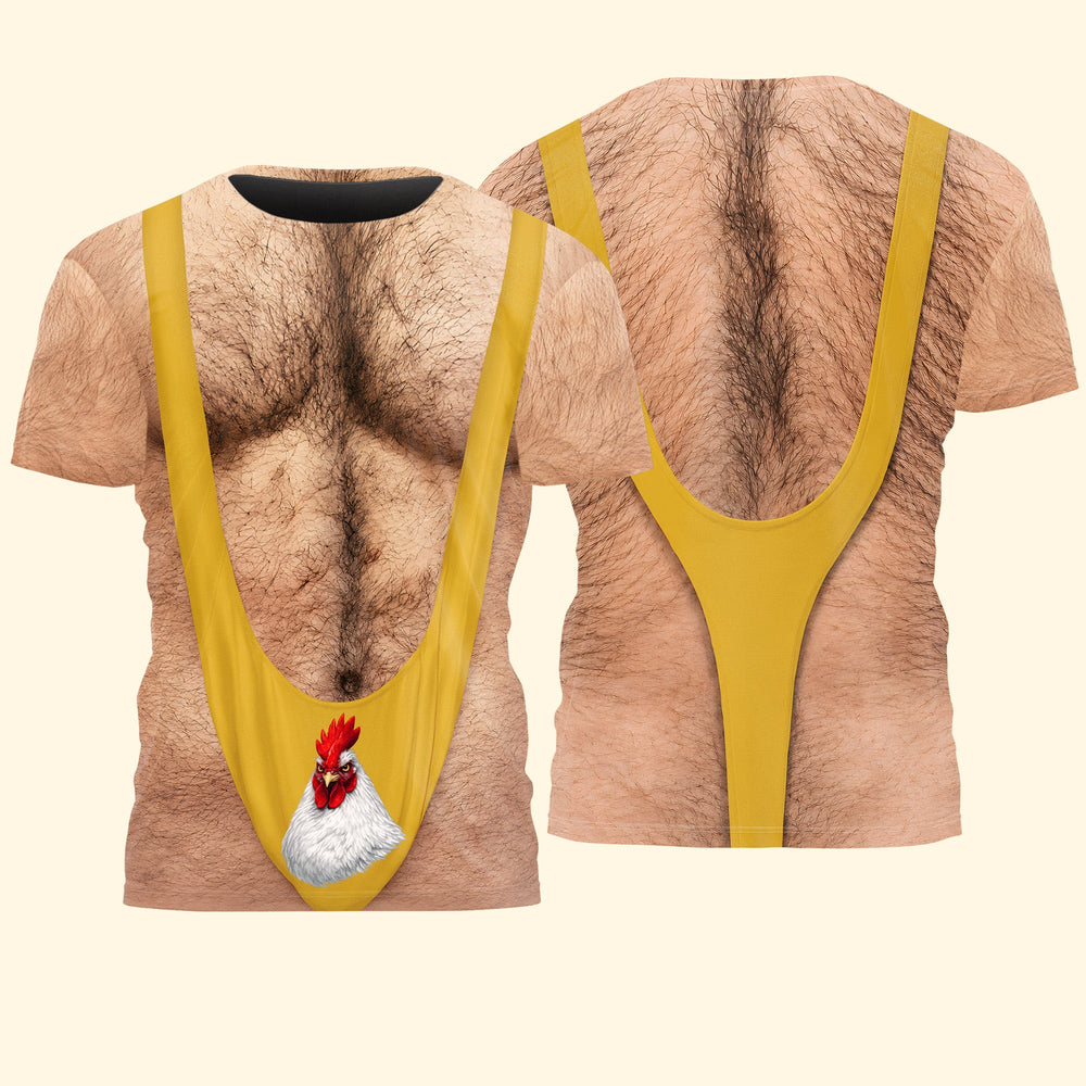 Funny 3D Hairy Chest & Chicken T-Shirt - Novelty Beach & Party Gag Gift