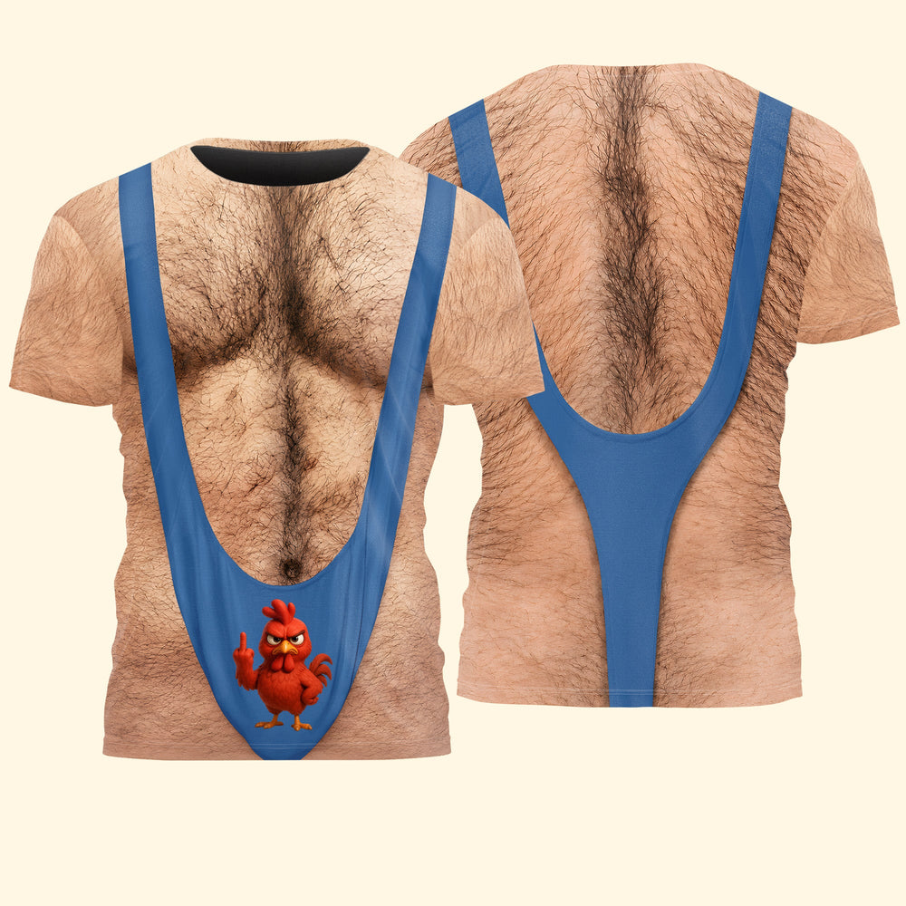 Funny 3D Hairy Chest & Chicken T-Shirt - Novelty Beach & Party Gag Gift