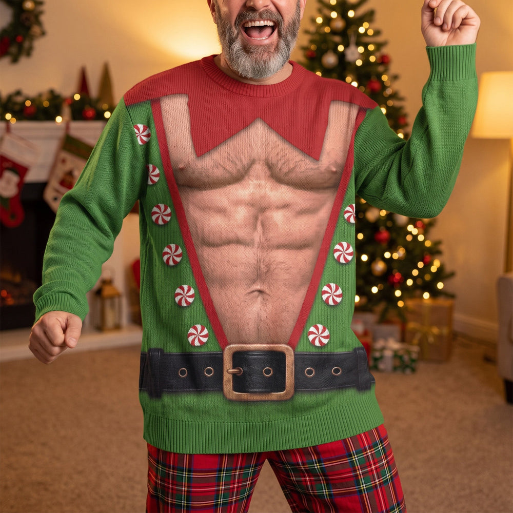 Funny Santa Elf Hairy Belly Ugly Christmas Sweater, Hilarious Gag Gift for Holiday Party