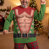 Funny Santa Elf Hairy Belly Ugly Christmas Sweater, Hilarious Gag Gift for Holiday Party