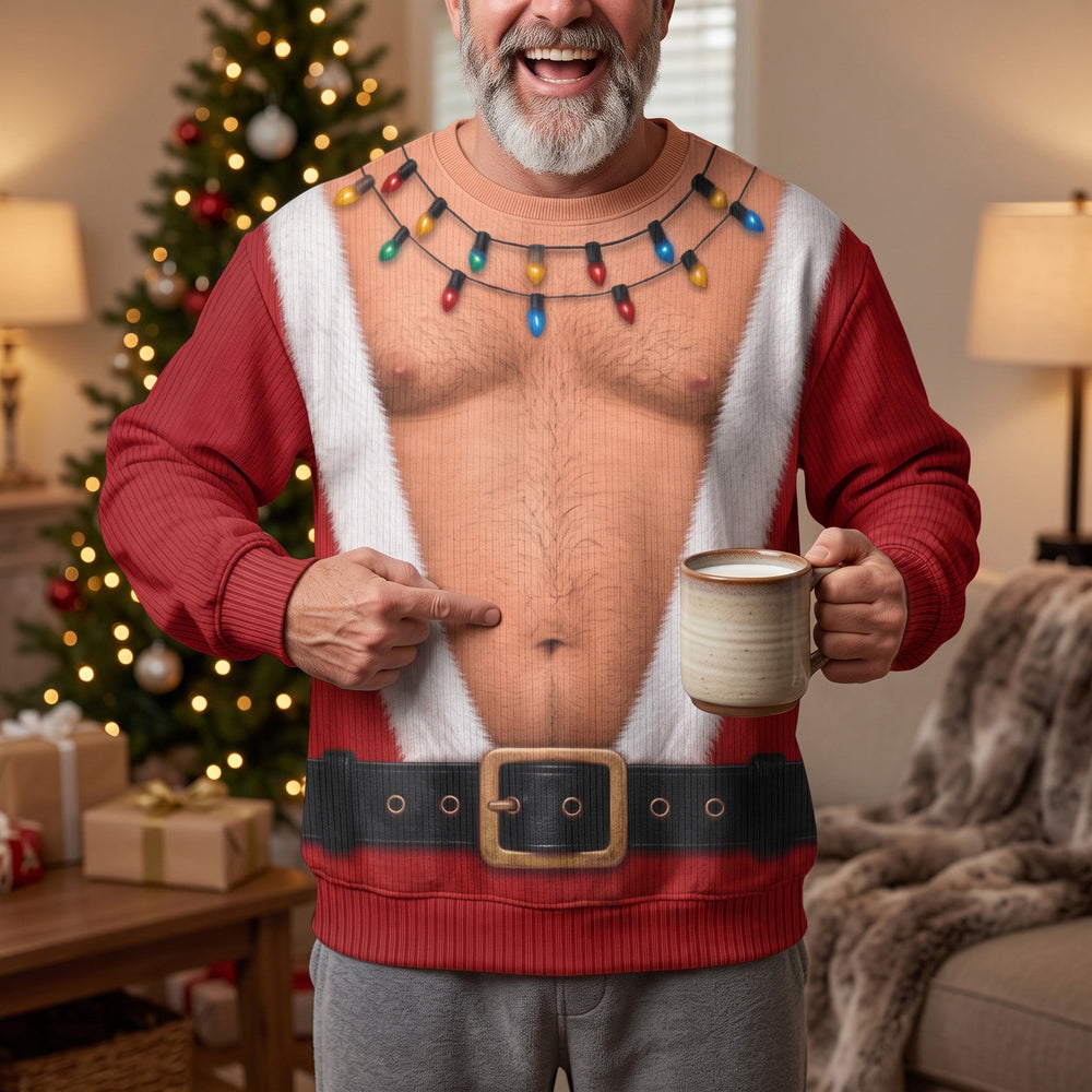 Funny Santa Elf Hairy Belly Ugly Christmas Sweater, Hilarious Gag Gift for Holiday Party