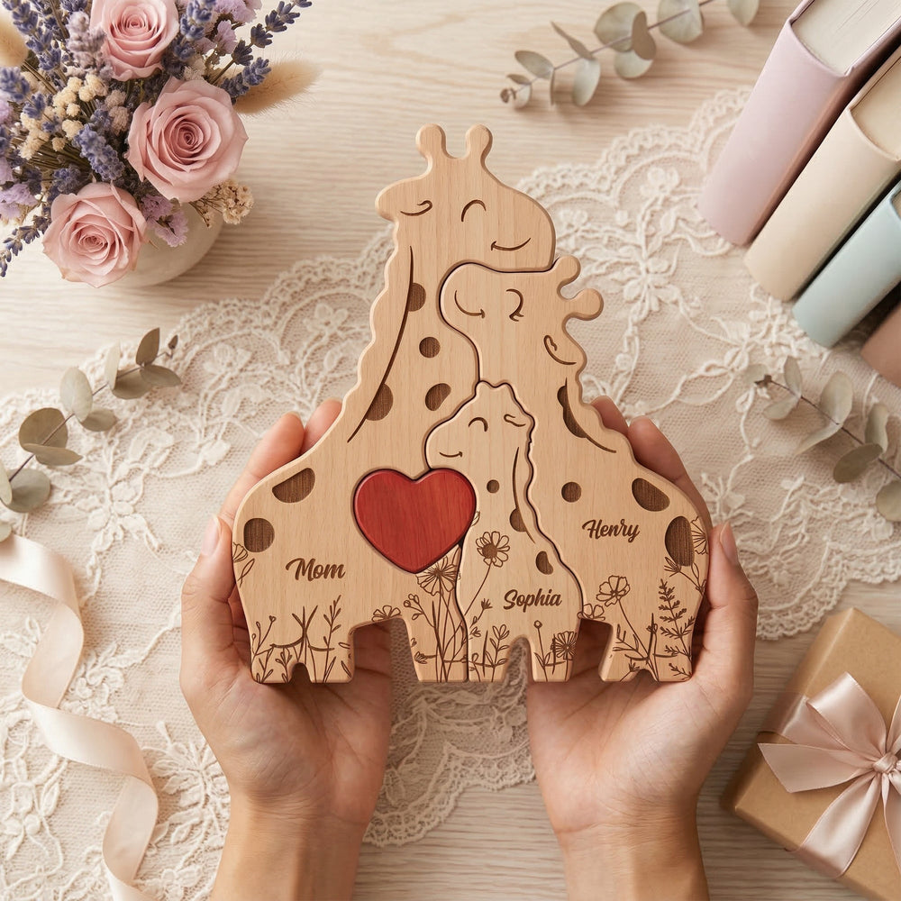 Wooden Giraffe Family Puzzle Mother's Day Gift For Mom, Mum, Wife - Personalized Puzzle