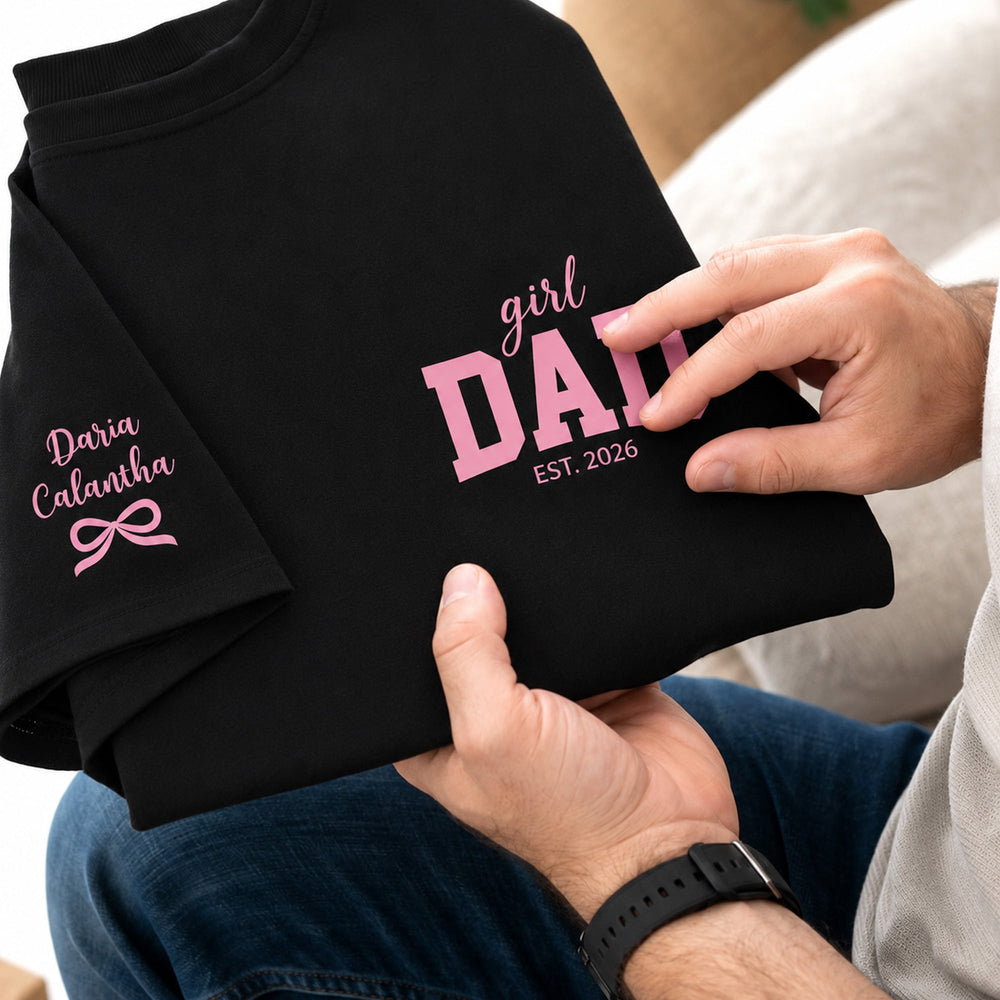 Girl Dad With Kids' Names On Sleeves - Pink Dad | Cute Shirt For Girl Dad