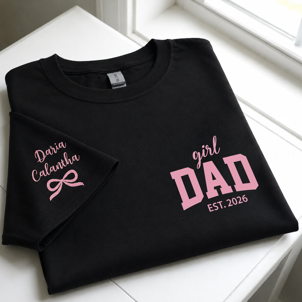 Girl Dad With Kids' Names On Sleeves - Pink Dad | Cute Shirt For Girl Dad