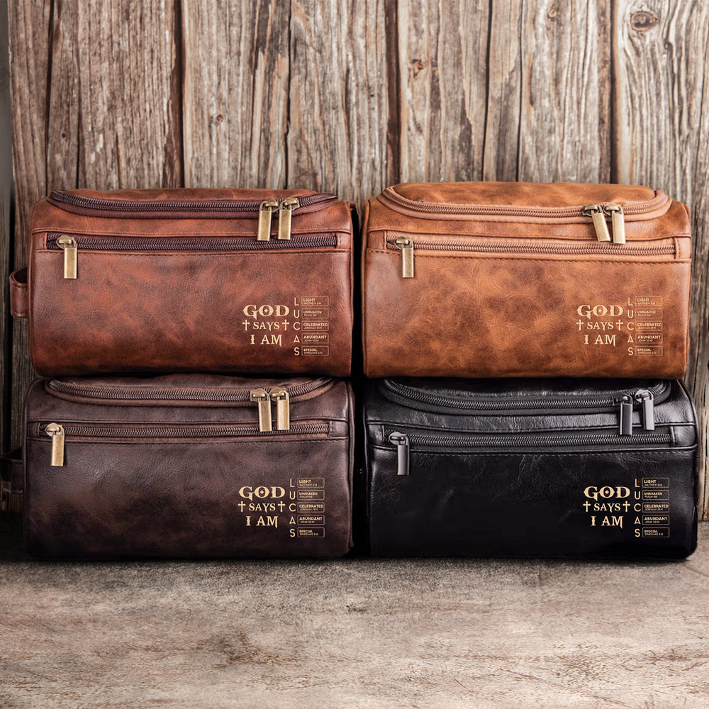 God Says I Am Custom Name In Bible Verse For Men, Husband, Son - Personalized Leather Toiletry Bag