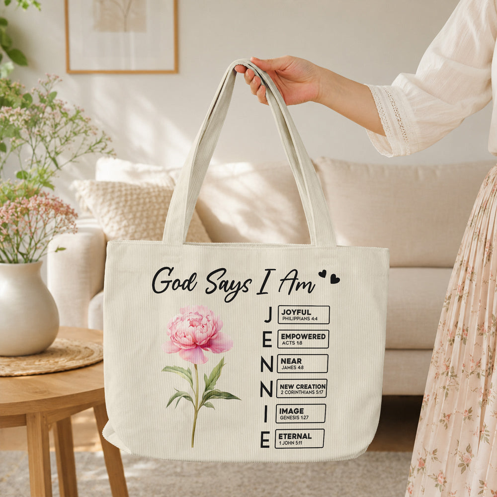 God Says I Am Custom Birth Flower Name In Bible Verse - Personalized Tote Bag