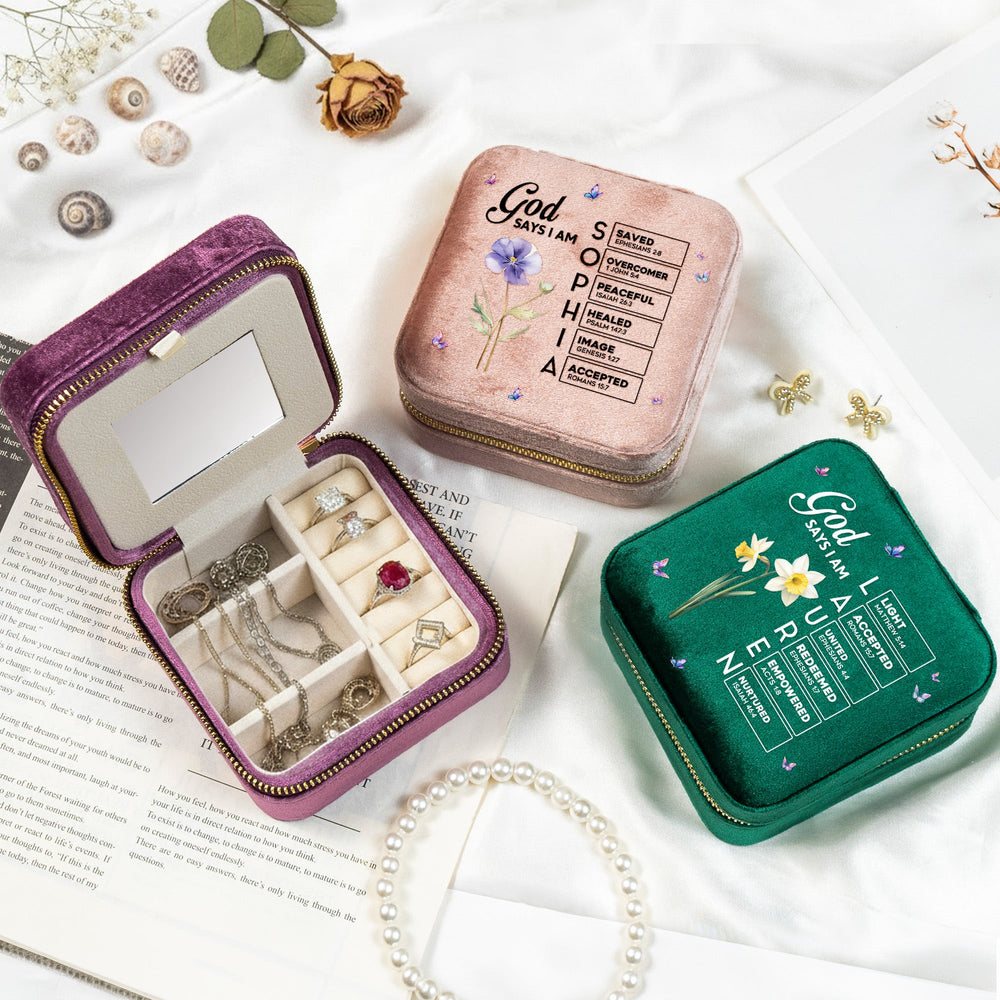 God Says I Am Name In Bible Verse Velvet Jewelry Case - Personalized Jewelry Box