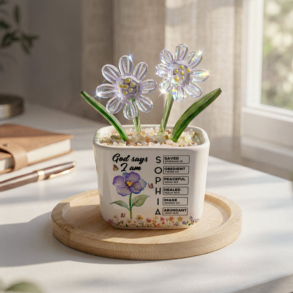 God Says You Are - Custom Birth Flower Glass & Name In Bible Verses - Personalized Plant Pot