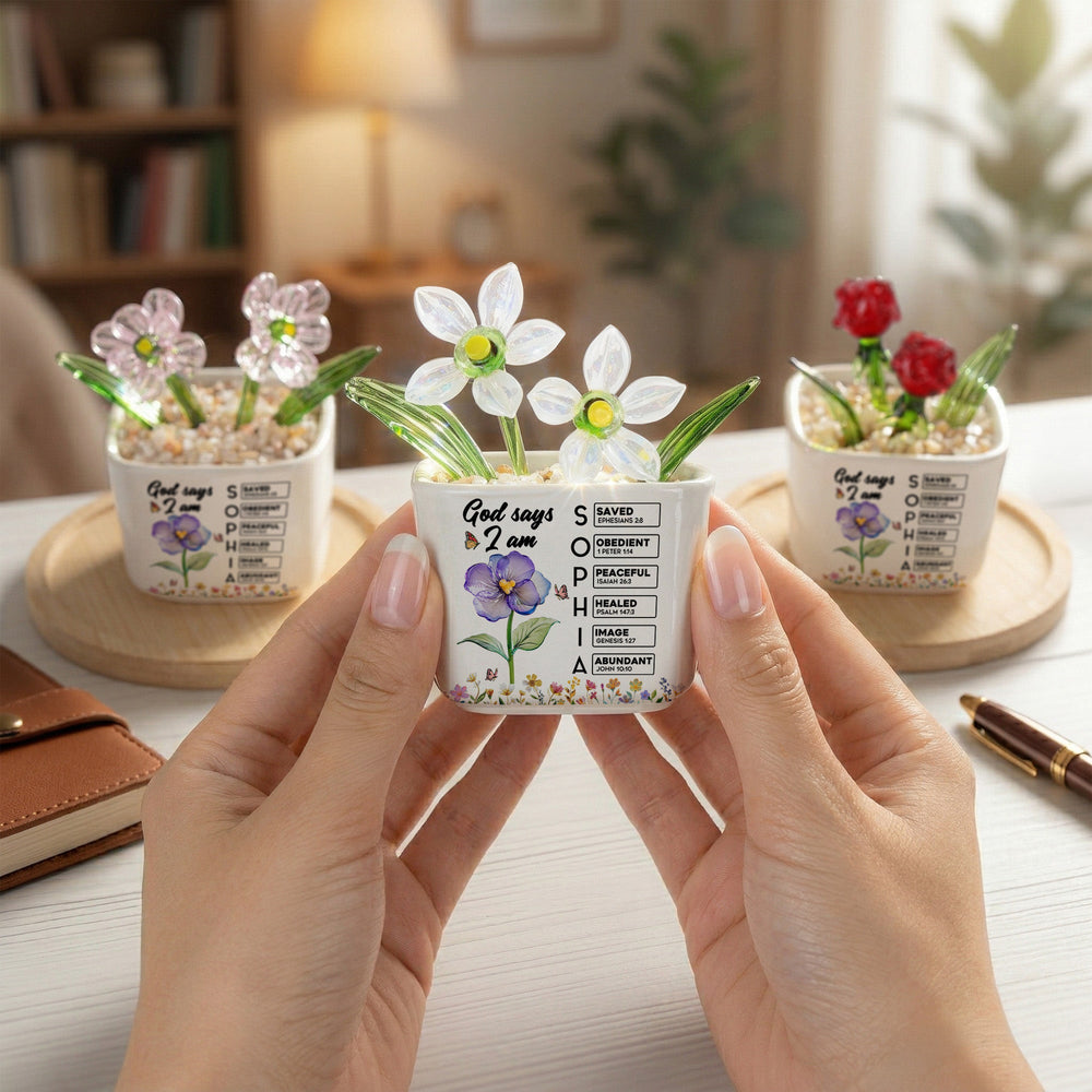 God Says You Are - Custom Birth Flower Glass & Name In Bible Verses - Personalized Plant Pot