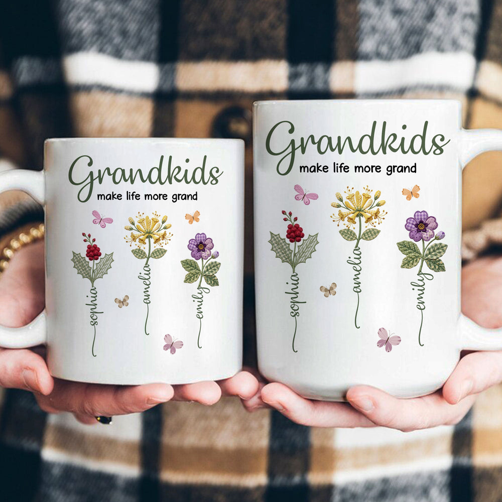 Grandkids Make Life More Grand Patchwork Flowers - Personalized Mug