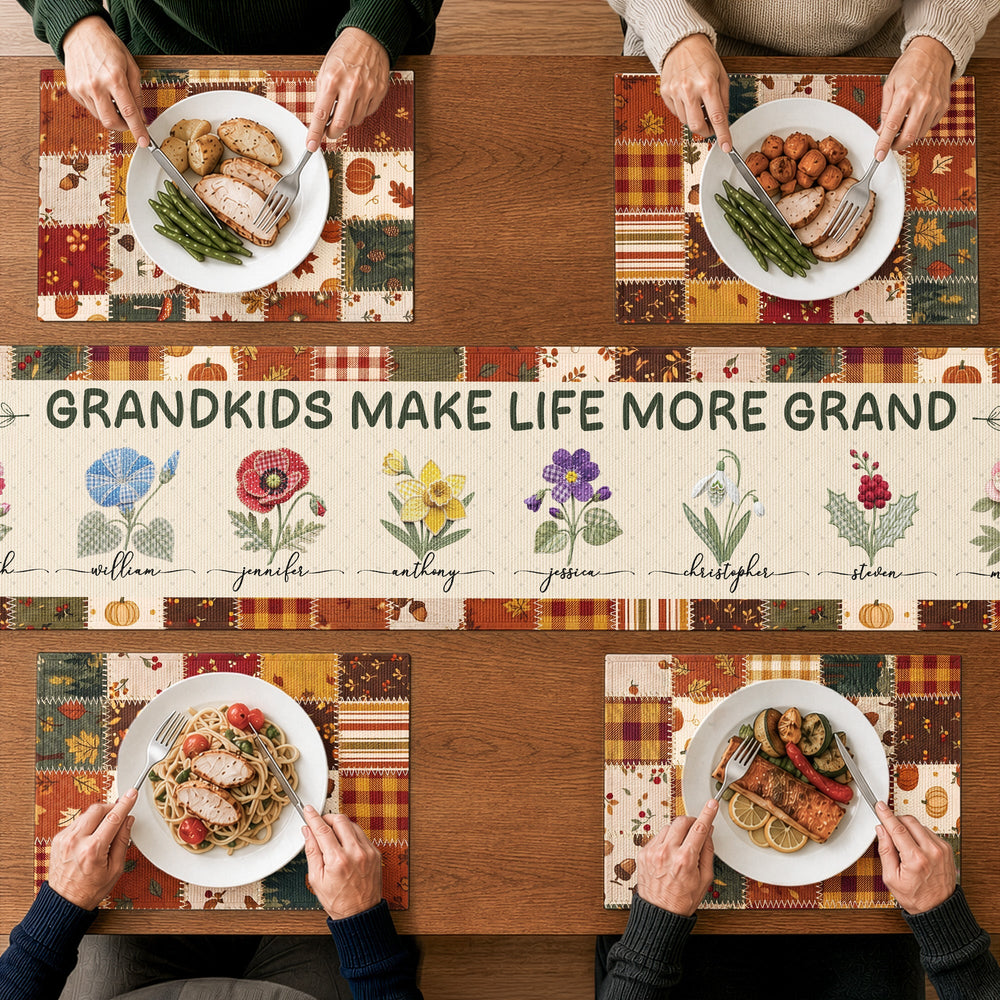 Personalized Family Name Table Runner Set - Custom Grandkids Gift for Grandparents Grandma Grandpa