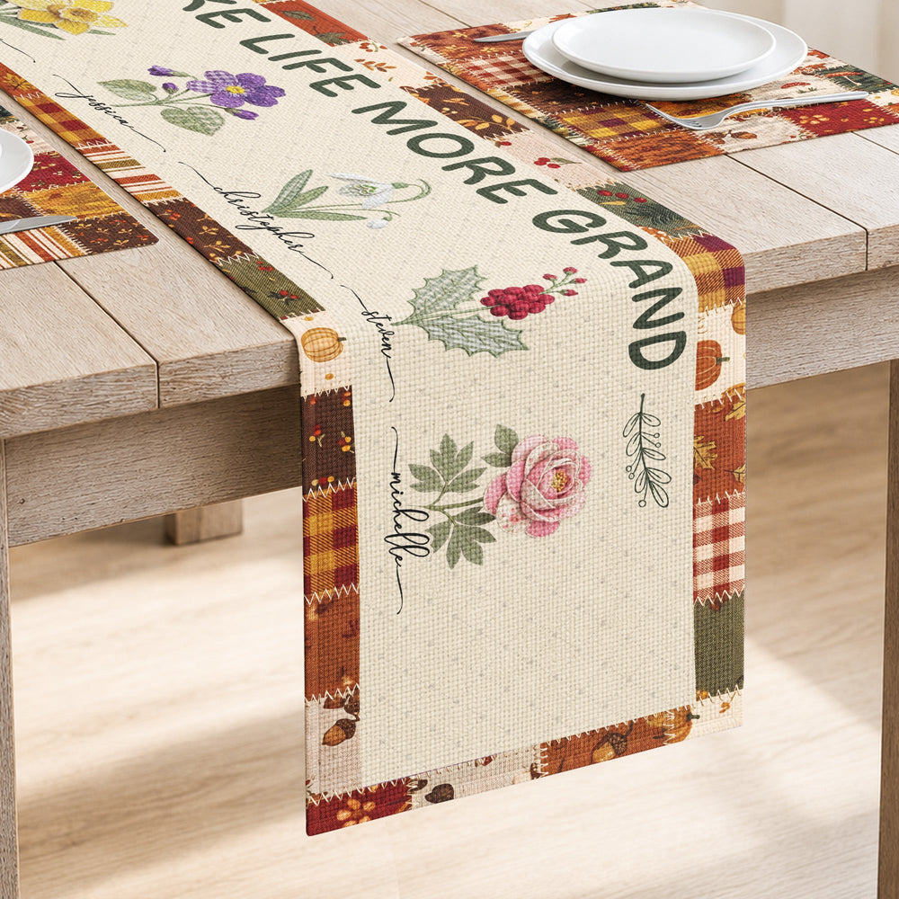 Personalized Family Name Table Runner Set - Custom Grandkids Gift for Grandparents Grandma Grandpa