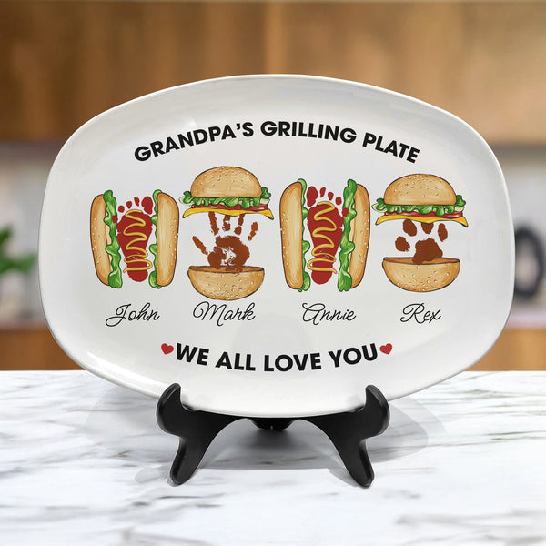 Grandpa's Grilling Plate, Custom Burger Hot Dog Handprint Footprint | Platter BBQ Grandpa Gift