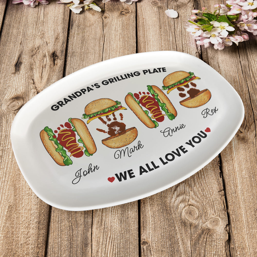 Grandpa's Grilling Plate, Custom Burger Hot Dog Handprint Footprint | Platter BBQ Grandpa Gift