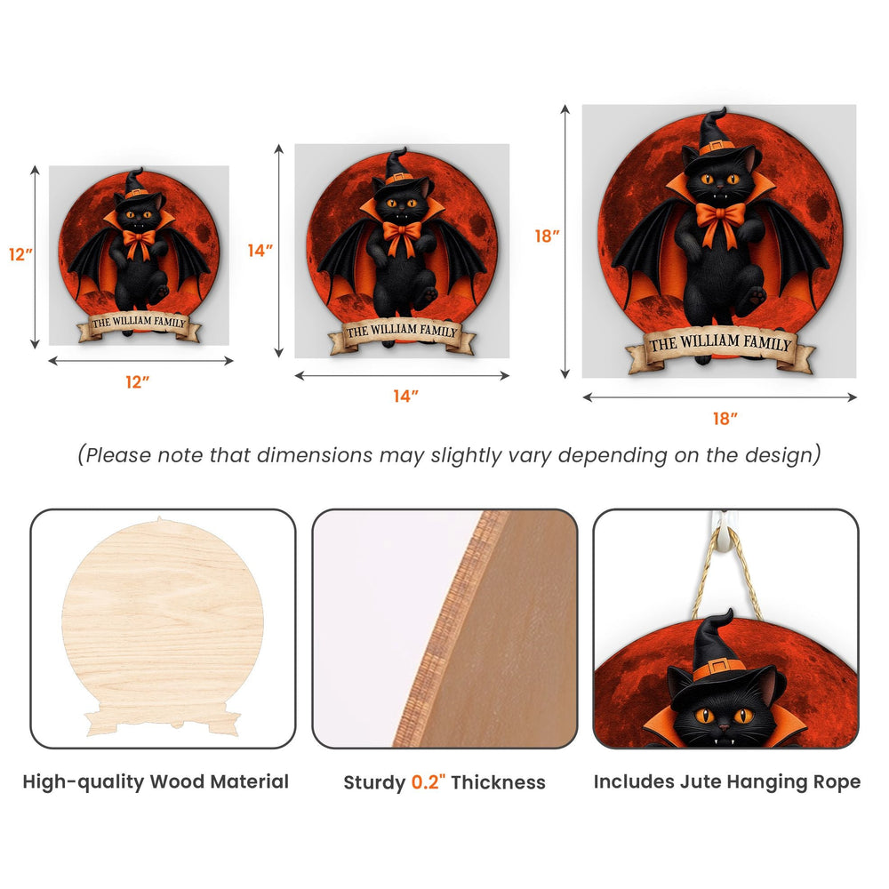 Black Cat Vampire Halloween Moon - Personalized Shaped Wooden Door Sign