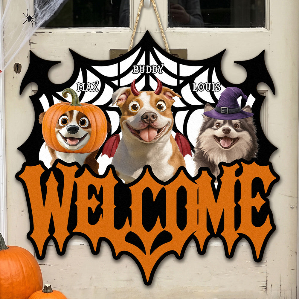 Personalized Halloween Pet Lover Welcome Sign - Custom Shaped Wooden Door Decor Gift