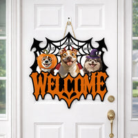 Personalized Halloween Pet Lover Welcome Sign - Custom Shaped Wooden Door Decor Gift