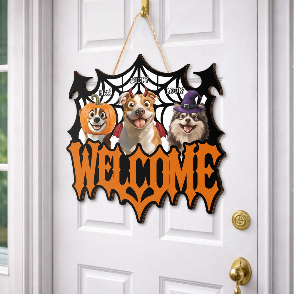 Personalized Halloween Pet Lover Welcome Sign - Custom Shaped Wooden Door Decor Gift
