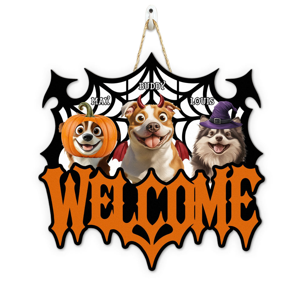 Personalized Halloween Pet Lover Welcome Sign - Custom Shaped Wooden Door Decor Gift