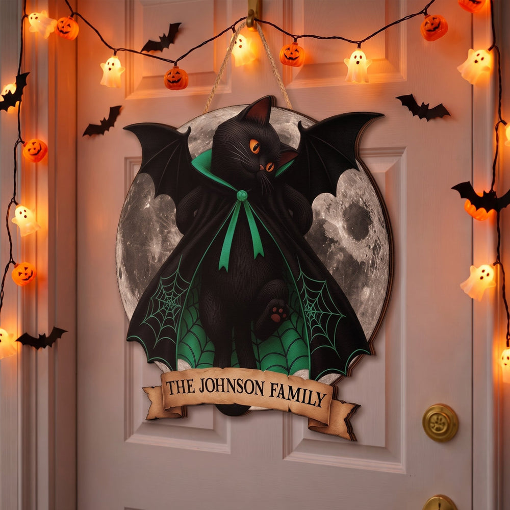 Black Cat Vampire Halloween Moon - Personalized Shaped Wooden Door Sign