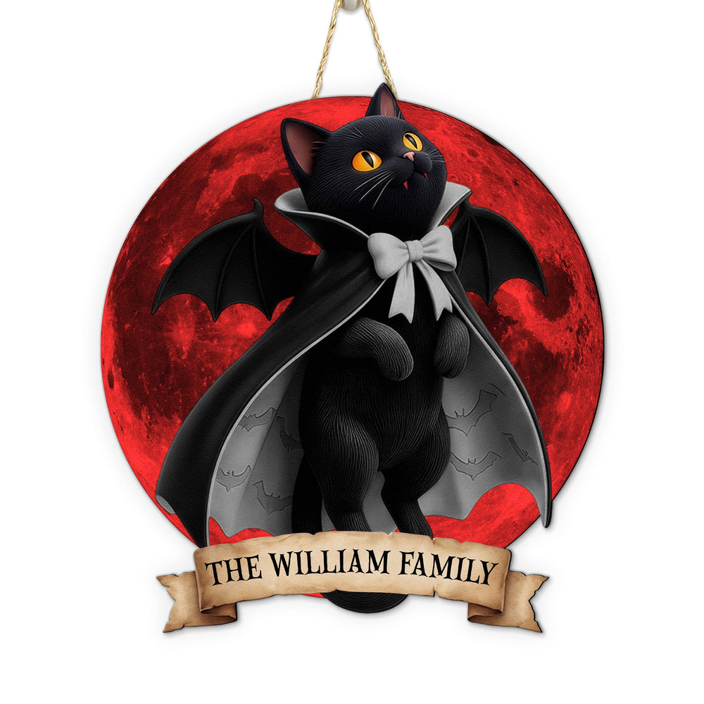 Black Cat Vampire Halloween Moon - Personalized Shaped Wooden Door Sign