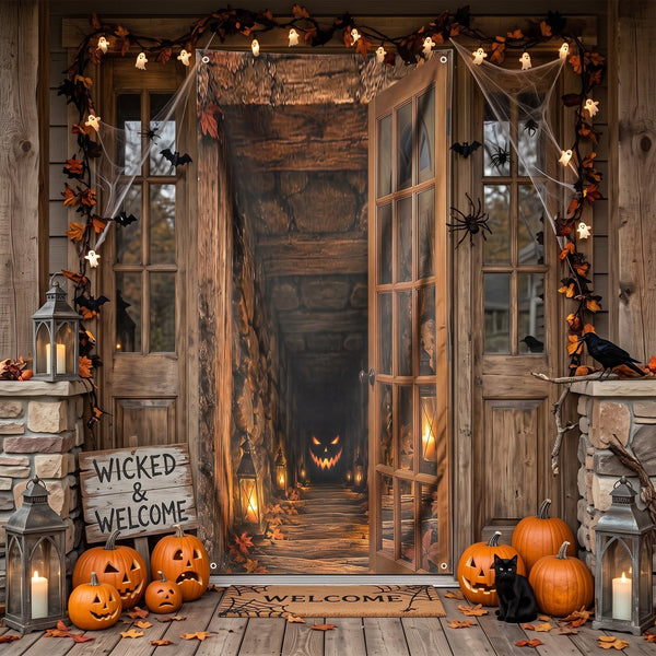 Personalized Creepy Scary Pumpkin Tunnel Door Cover – Spooky Halloween Front Door Banner & Outdoor Party Decor