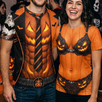 Funny Sexy 3D Halloween Costume T-Shirt, Fake Bikini Pumpkin Graphic Gag Tee