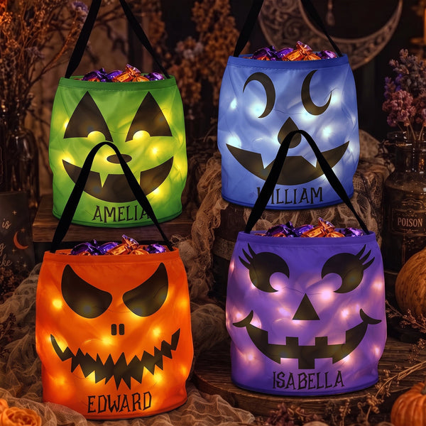Personalized LED Halloween Candy Bag - Custom Pumpkin Trick or Treat Basket